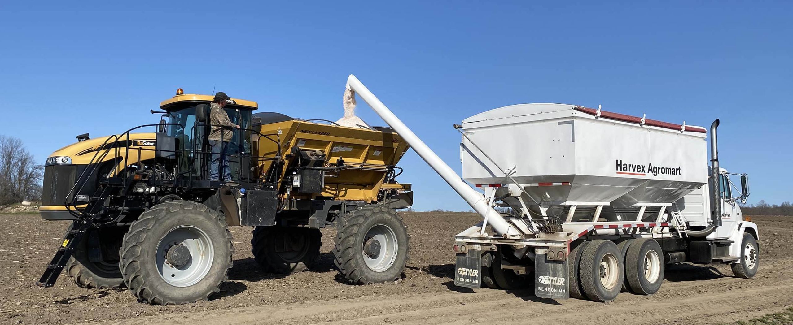 Harvex grain trucking with blue skies